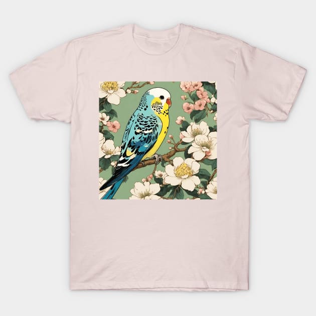 Cute Parakeet in Vintage Japanese Blossoms Parakeet Bird Mom T-Shirt by wigobun